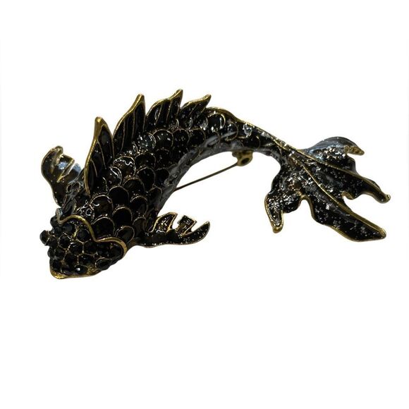 BLACK AND GOLD ACCENT FISH BROOCH - Picture 1 of 2